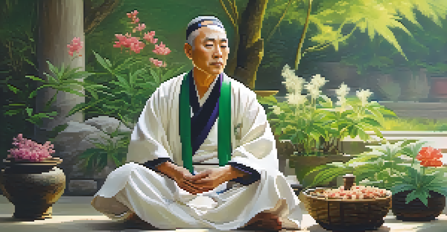 An ancient Chinese healer in traditional robes preparing herbal remedies in a tranquil garden.