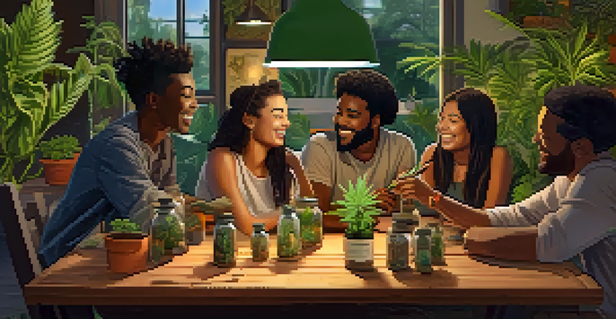 A group of diverse friends gathered around a table in a cozy indoor space, sharing stories with cannabis-related items on the table.