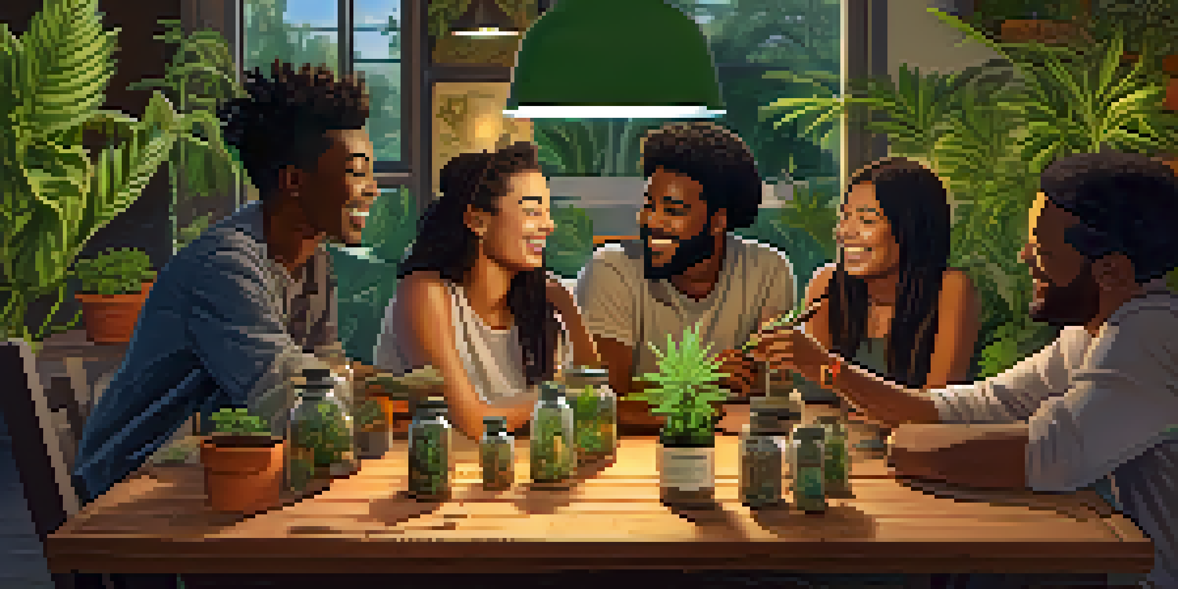 A group of diverse friends gathered around a table in a cozy indoor space, sharing stories with cannabis-related items on the table.