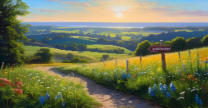 A picturesque green field with a wooden signpost labeled 'Legalization', surrounded by colorful wildflowers and under a clear blue sky.