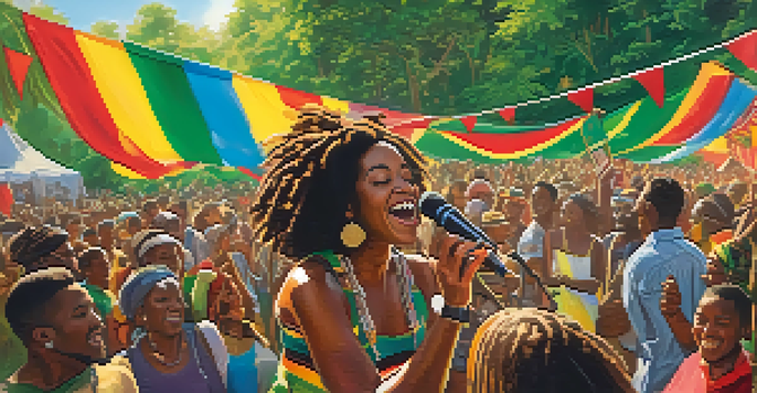 A lively reggae festival with people dancing and colorful banners in a green setting, showcasing a sense of unity and celebration.
