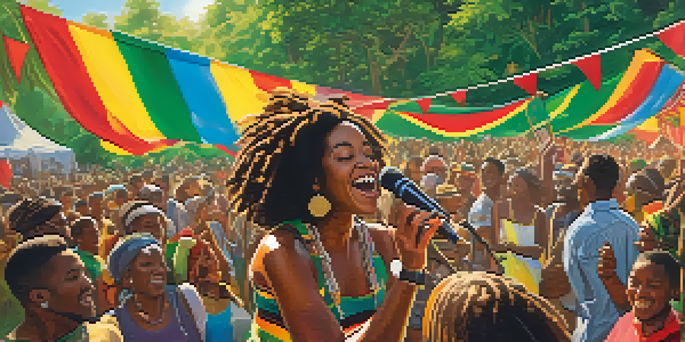 A lively reggae festival with people dancing and colorful banners in a green setting, showcasing a sense of unity and celebration.