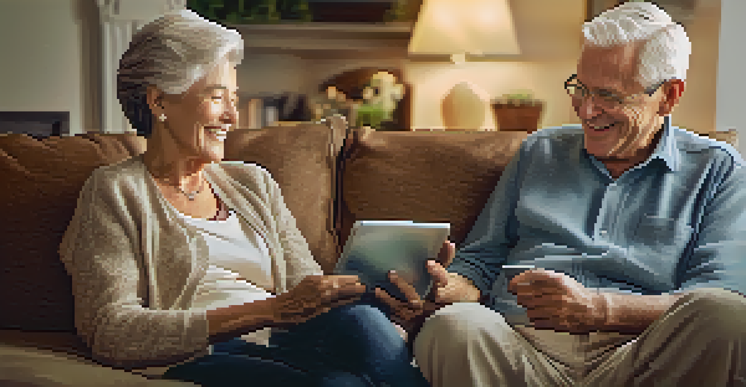An elderly couple happily sharing a moment on a couch while looking at a tablet in a cozy living room.