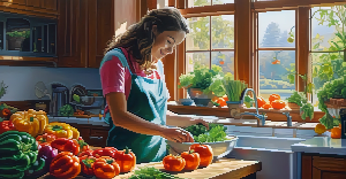 A bright kitchen with a person preparing a healthy meal with fresh vegetables.