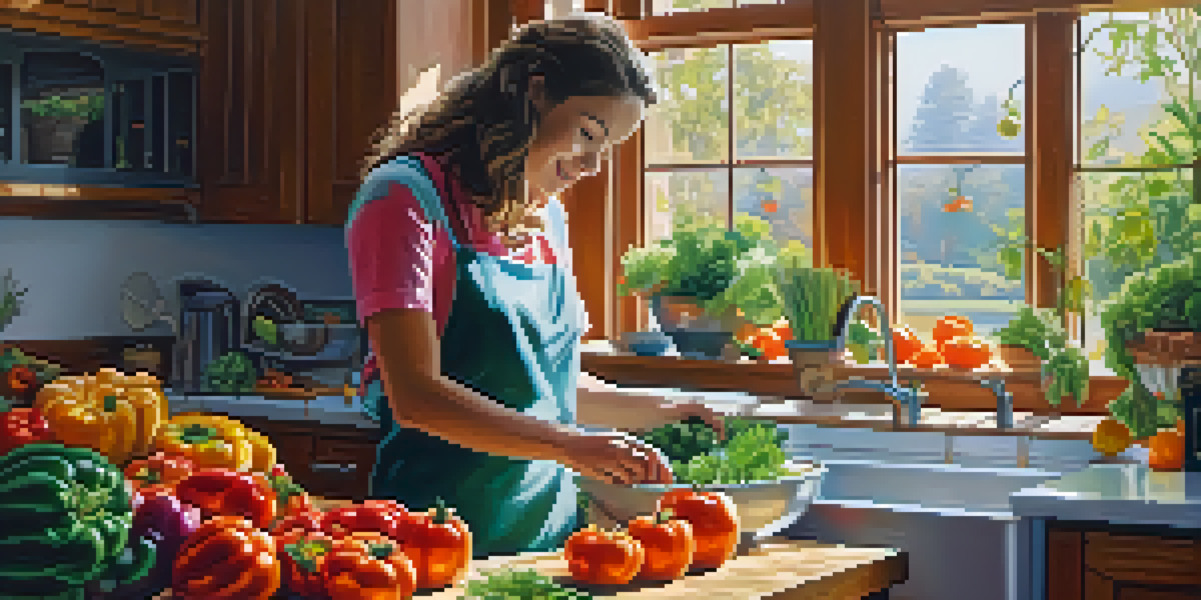A bright kitchen with a person preparing a healthy meal with fresh vegetables.