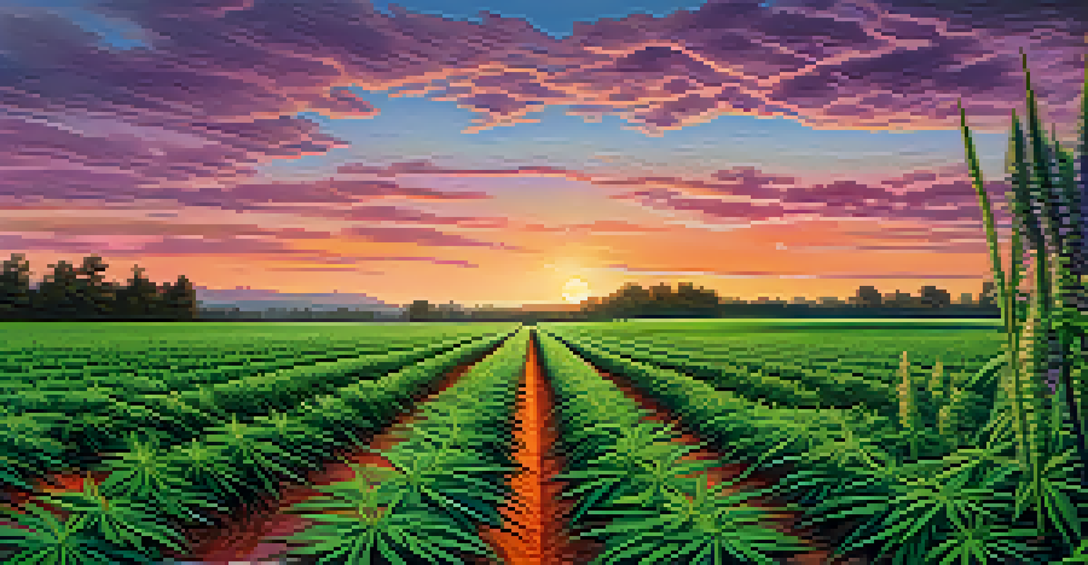 A cannabis farm at sunset, featuring rows of green plants against a colorful sky.