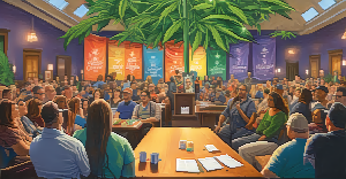 A diverse group of people gathered in a town hall, discussing cannabis policy reforms with banners in the background.