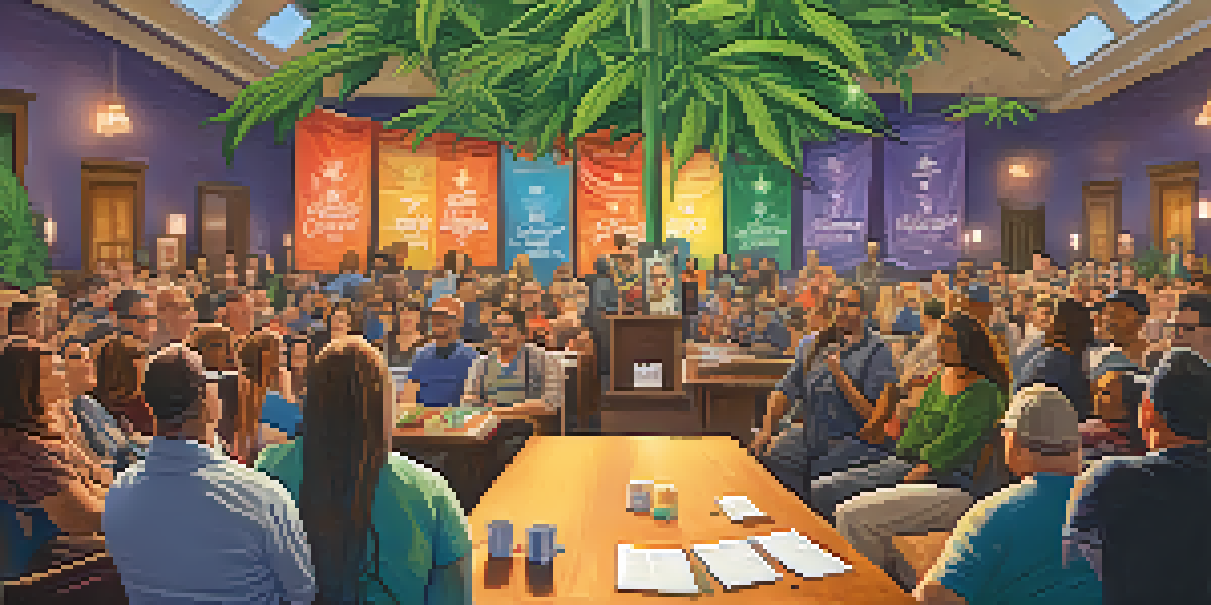 A diverse group of people gathered in a town hall, discussing cannabis policy reforms with banners in the background.