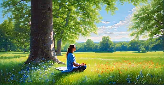 A person meditating in a green field surrounded by wildflowers under a blue sky.