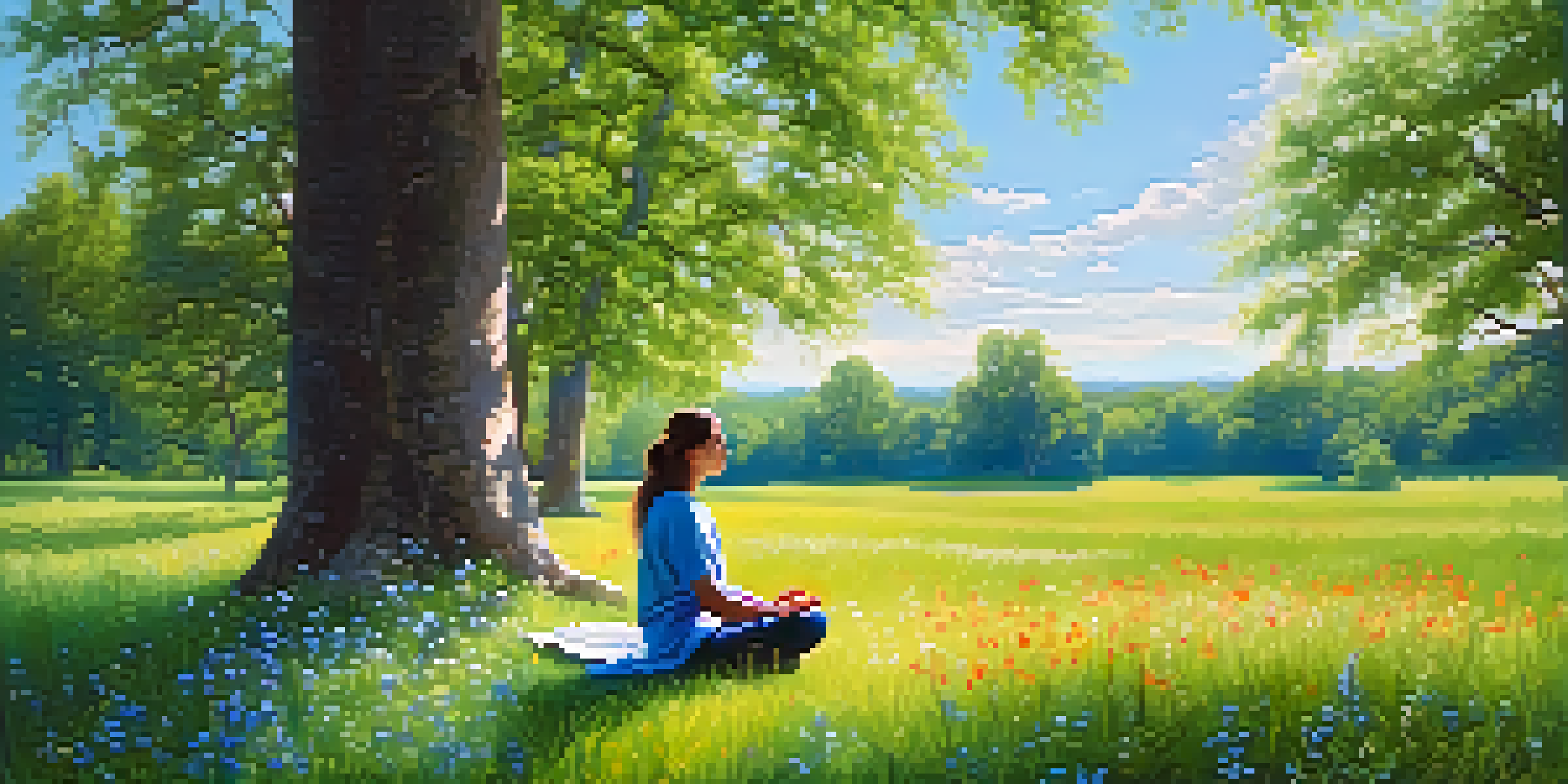 A person meditating in a green field surrounded by wildflowers under a blue sky.