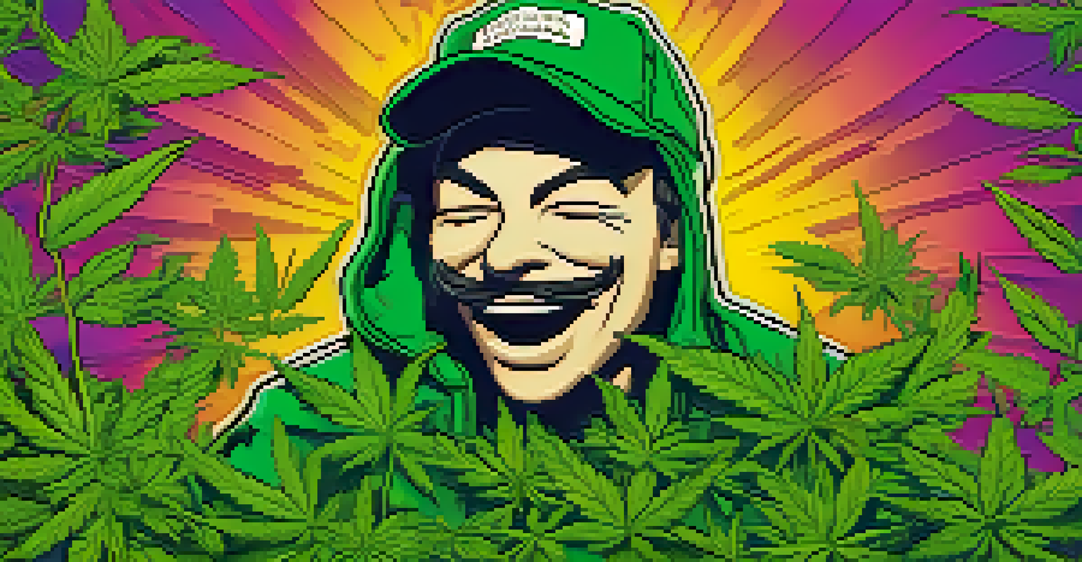 A cartoon character in a humorous meme about cannabis use with colorful marijuana leaves in the background.