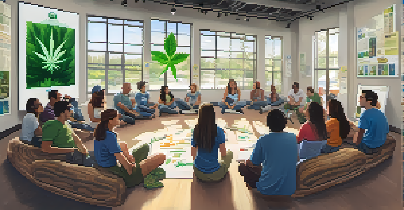 An educational workshop on responsible marijuana use at a festival, with attendees engaged in discussions around an instructor in a bright room.