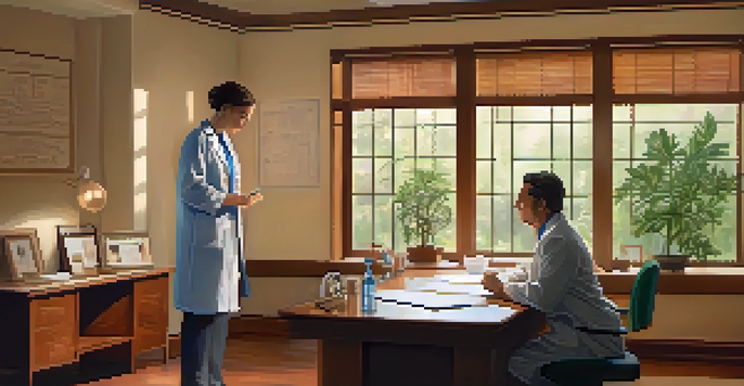 A doctor consulting with a patient in a warm, inviting healthcare setting, discussing pain management options.