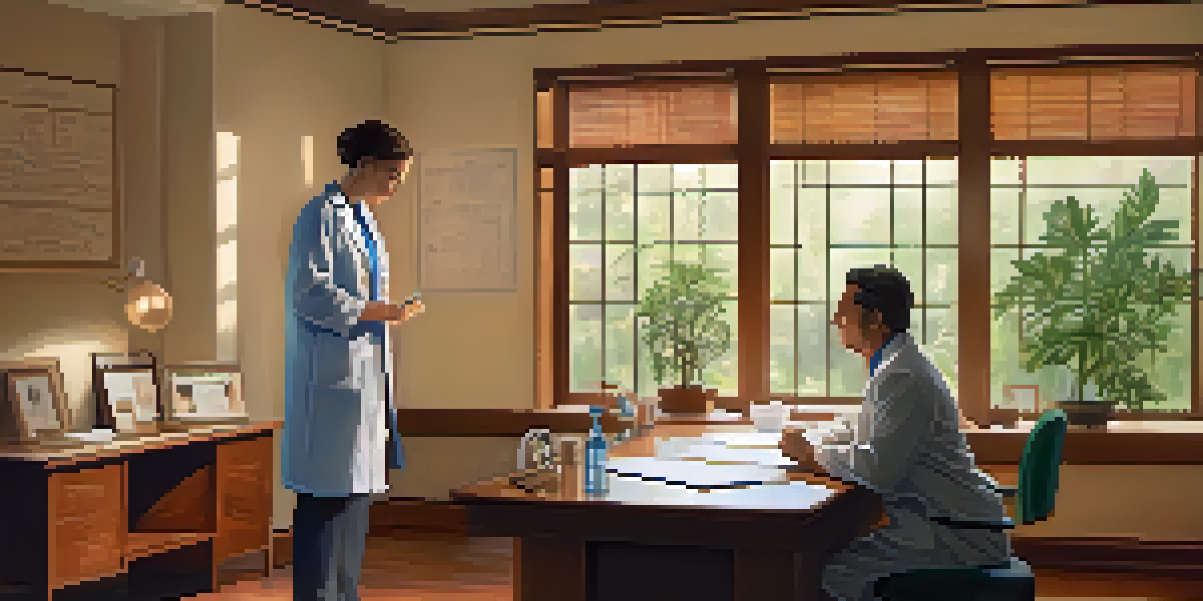 A doctor consulting with a patient in a warm, inviting healthcare setting, discussing pain management options.