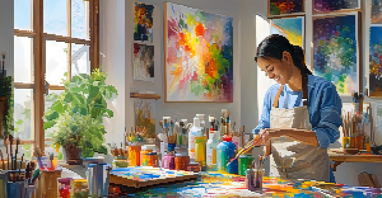 An artist painting in a colorful studio filled with art supplies and plants.