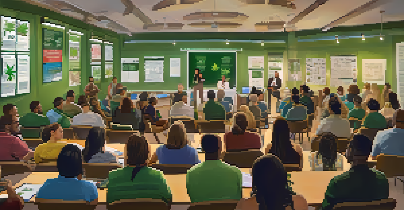 A community workshop on marijuana legalization, with a speaker and engaged participants, surrounded by educational materials.