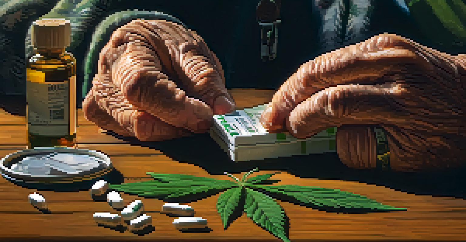 Close-up of a senior's hands holding a prescription bottle and a cannabis leaf on a wooden table.