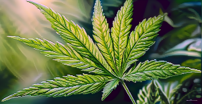 A detailed close-up of a green cannabis leaf with dew drops, set against a blurred garden background.