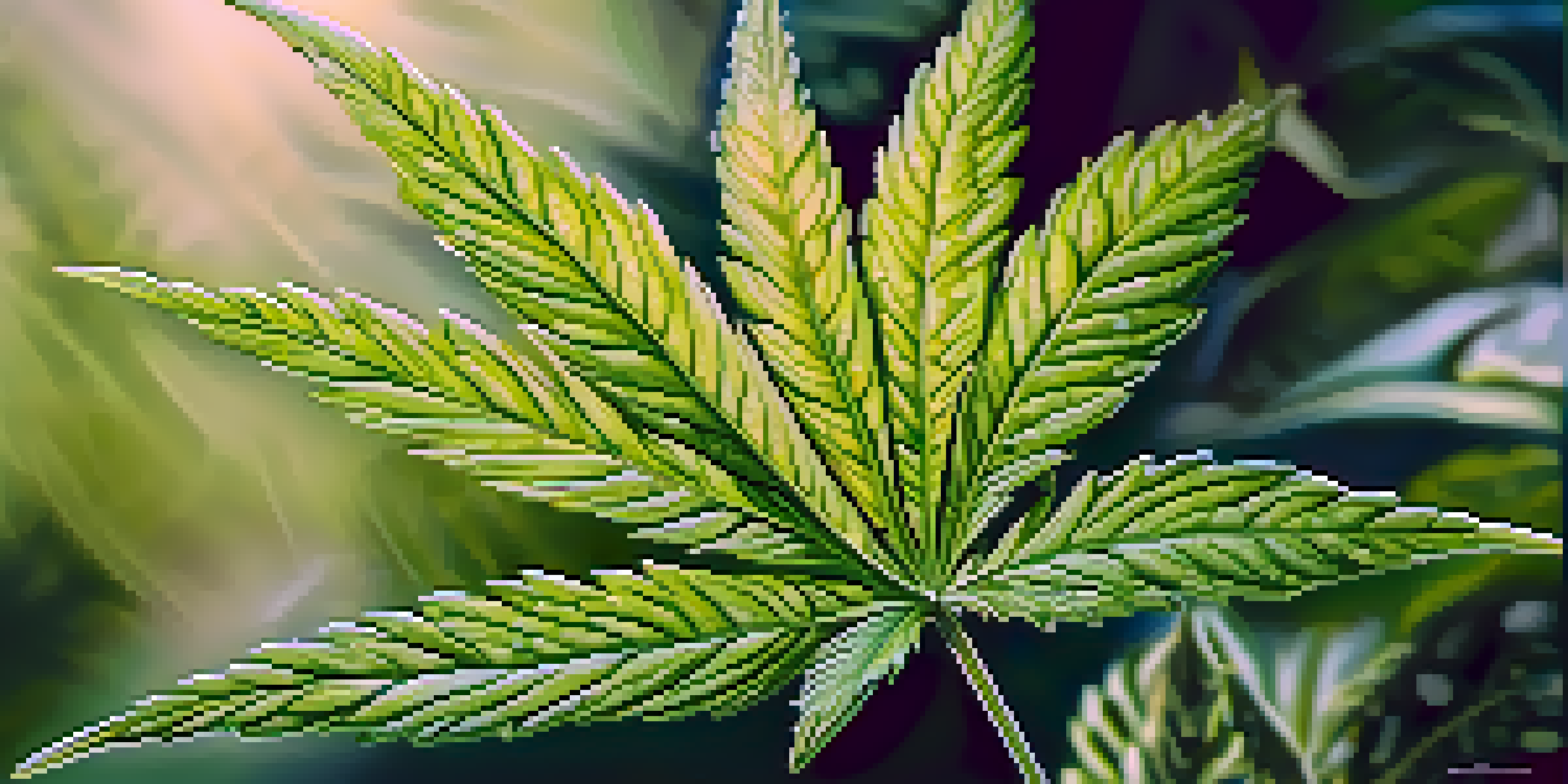 A detailed close-up of a green cannabis leaf with dew drops, set against a blurred garden background.