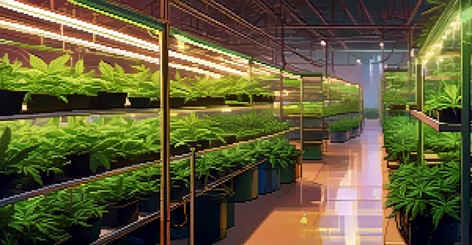 An indoor cannabis cultivation facility with green plants, bright lights, and organized tools in a modern setting.