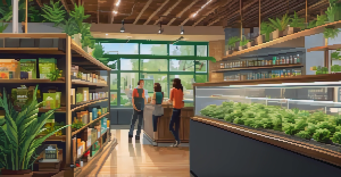 A bright and inviting marijuana dispensary with colorful cannabis products on display and a staff member assisting a customer.