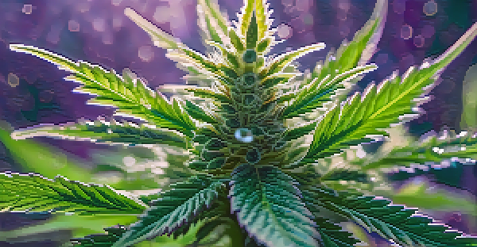A close-up view of cannabis plants with shiny trichomes and vibrant green leaves, set against a blurred garden background.