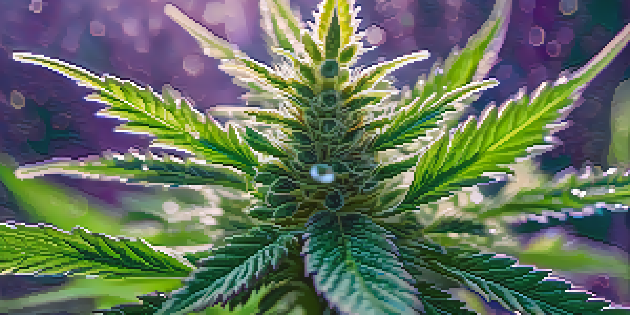 A close-up view of cannabis plants with shiny trichomes and vibrant green leaves, set against a blurred garden background.