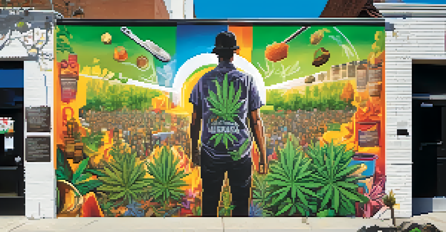 A colorful street mural representing marijuana and mental health, with positive imagery and supportive messages.