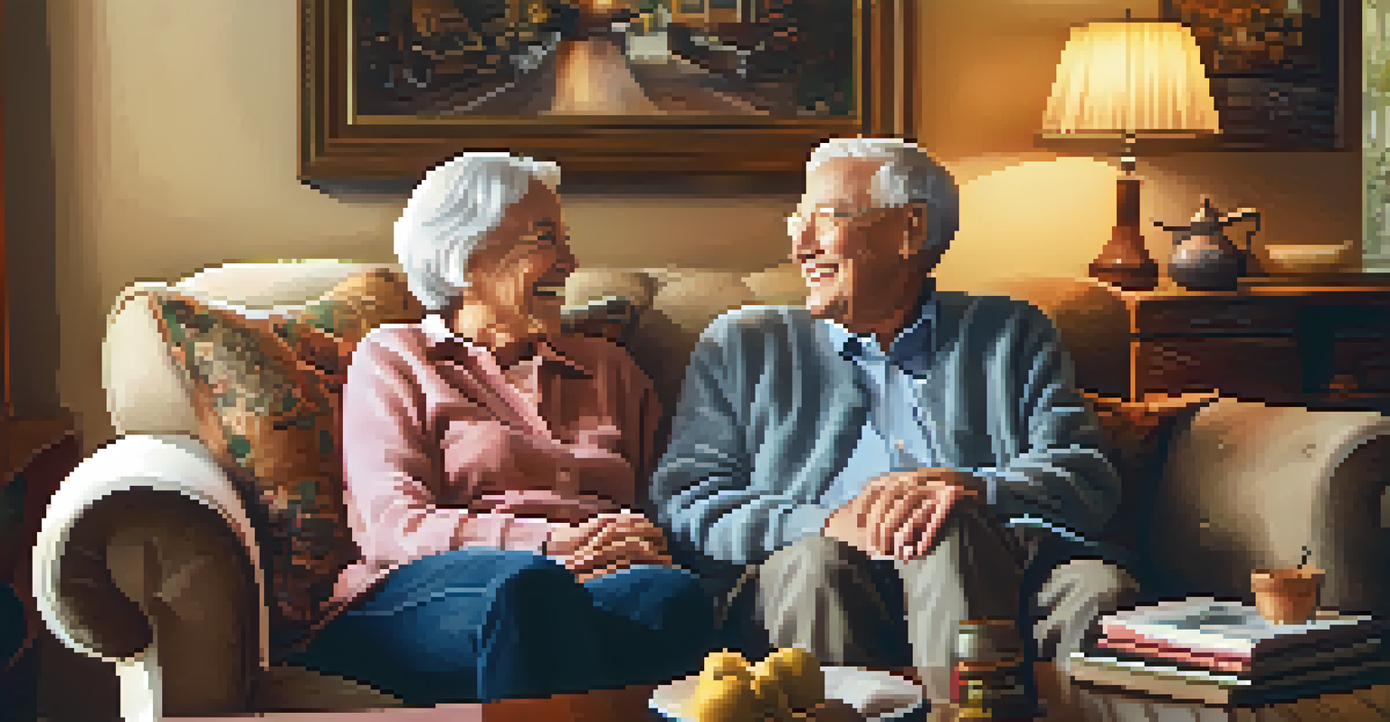 An elderly couple happily talking together on a couch in a cozy living room.