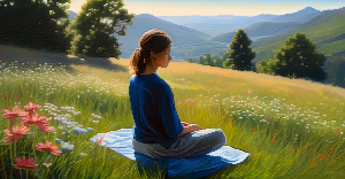 A young adult meditating on a grassy hill surrounded by wildflowers, with sunlight filtering through trees and a clear blue sky.
