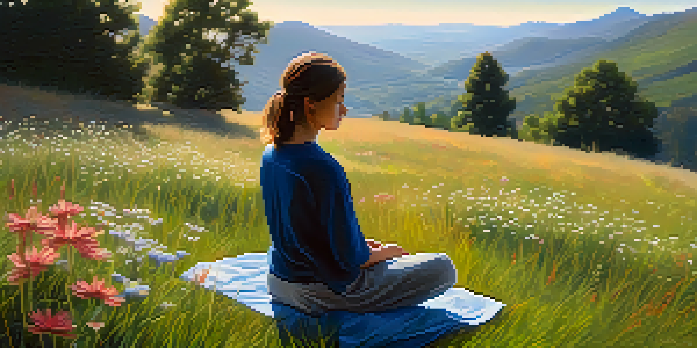 A young adult meditating on a grassy hill surrounded by wildflowers, with sunlight filtering through trees and a clear blue sky.