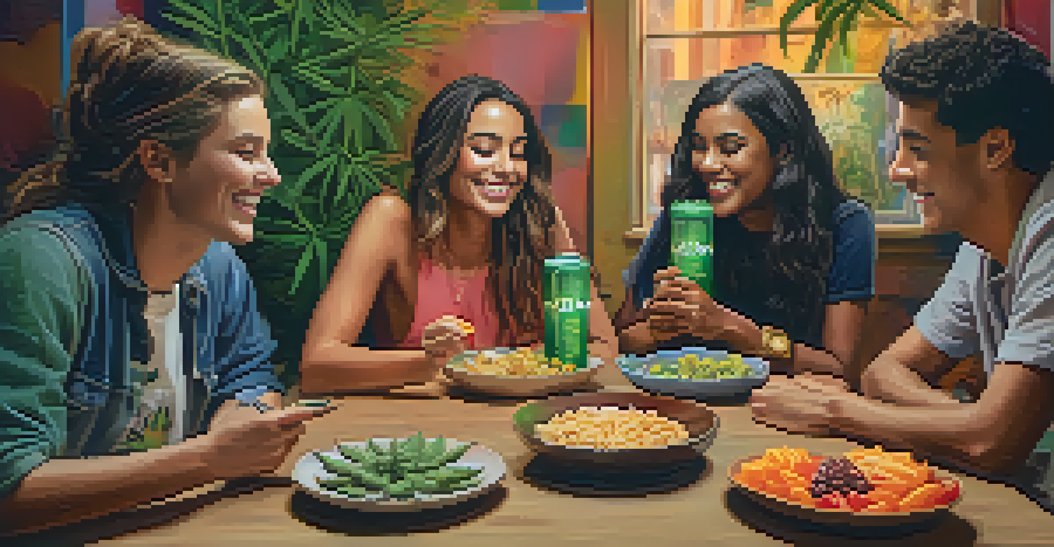 A group of friends enjoying cannabis-themed snacks and drinks at a table, discussing advocacy in a warm, inviting atmosphere.