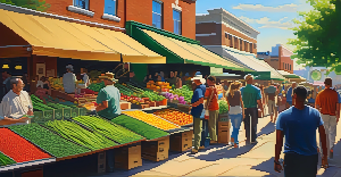 A lively farmer's market with stalls displaying legal marijuana plants and artisanal products, lively interactions among diverse visitors.