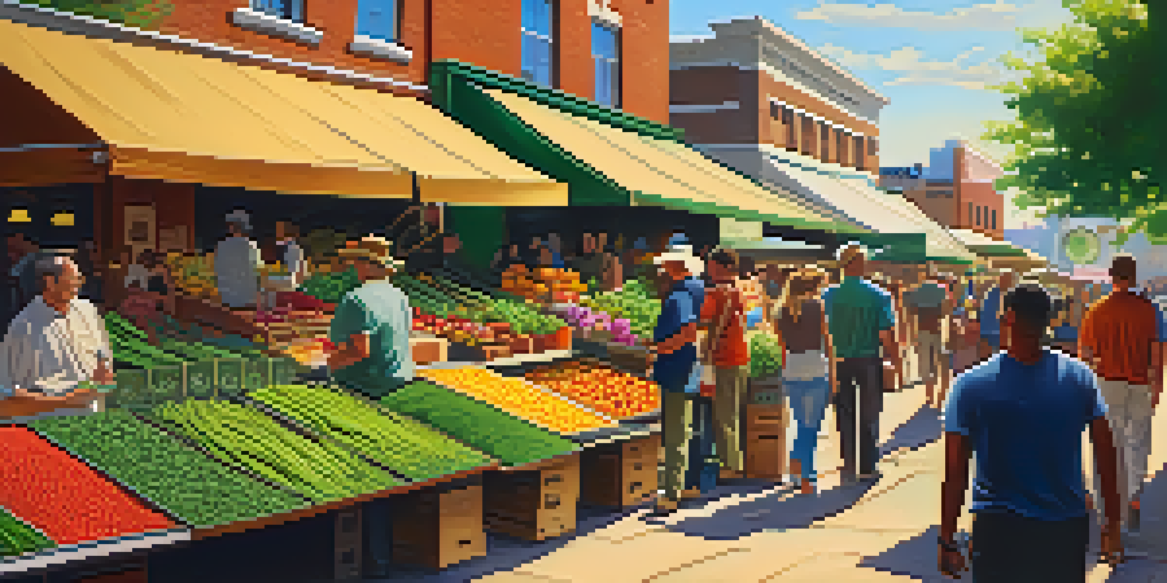 A lively farmer's market with stalls displaying legal marijuana plants and artisanal products, lively interactions among diverse visitors.