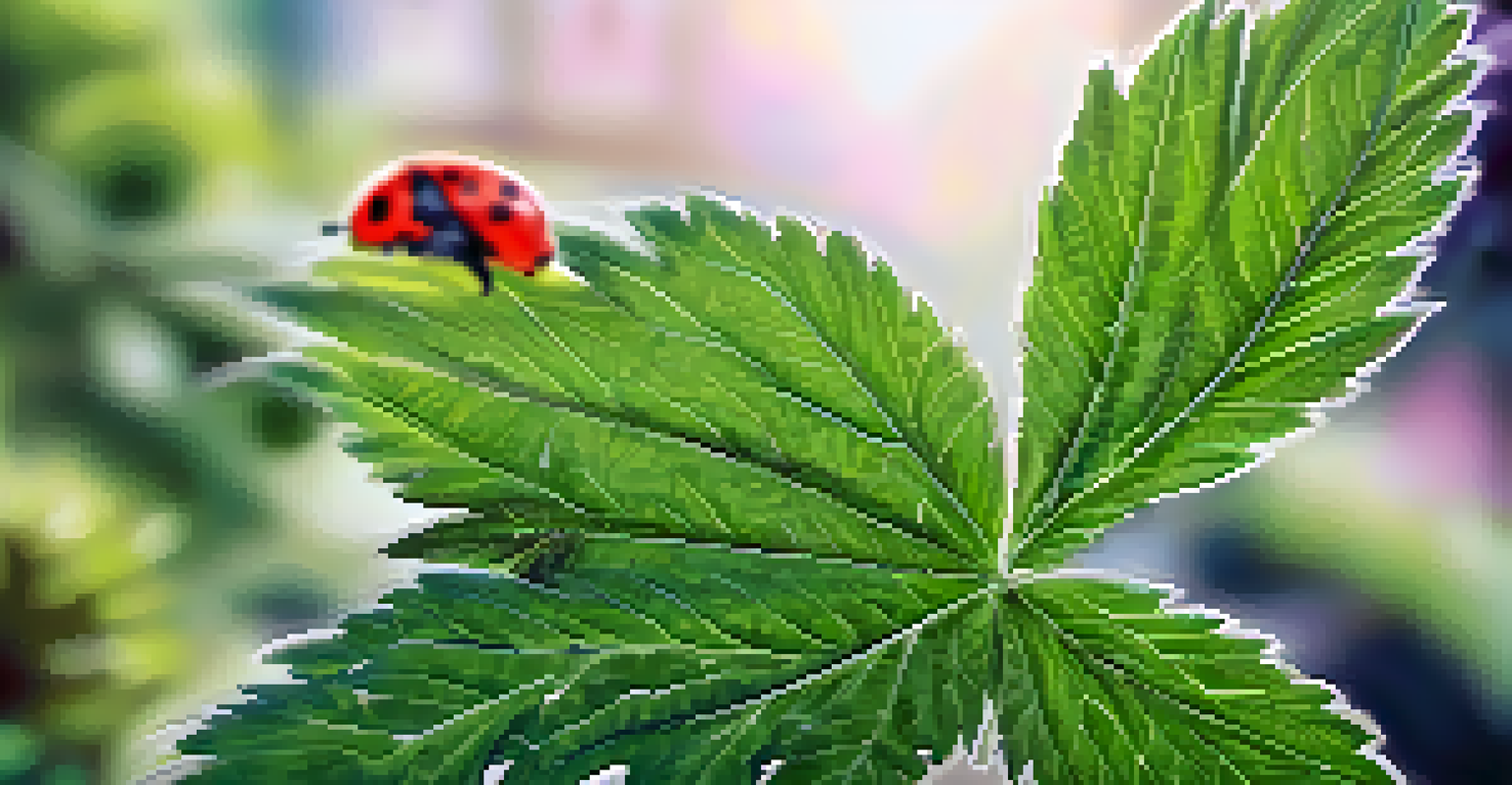 A close-up of a cannabis leaf showing spider mite webbing and a ladybug, set against a blurred garden background.