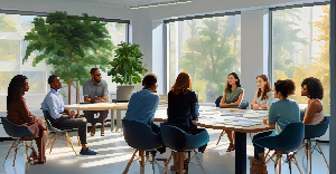 A diverse group of people sitting at a table in a bright office, discussing clinical trial consent with expressions of curiosity and engagement.