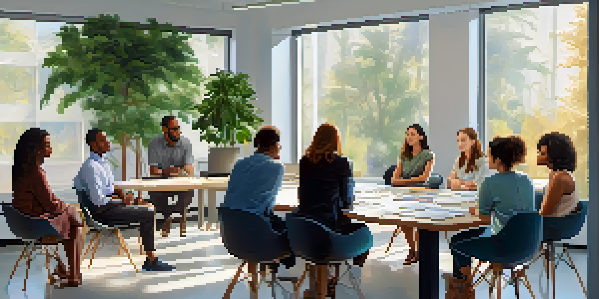 A diverse group of people sitting at a table in a bright office, discussing clinical trial consent with expressions of curiosity and engagement.