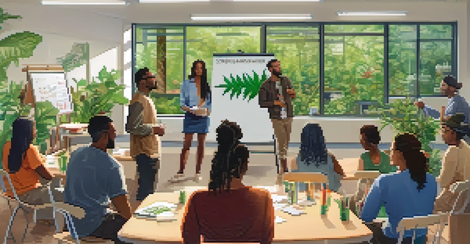 A community workshop on marijuana education, with participants sitting in a circle and a facilitator discussing safe consumption practices.