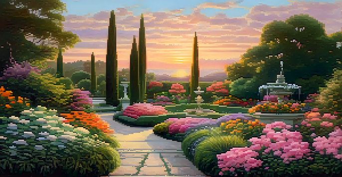 A peaceful garden filled with colorful flowers and lush greenery, illuminated by a golden sunset.