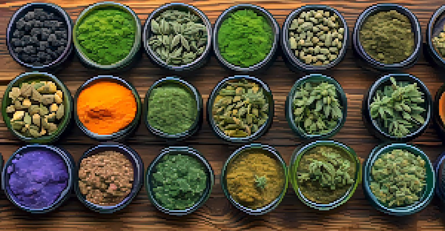 A wooden table displaying different cannabis strains with colorful buds and labels showing their THC and CBD content.