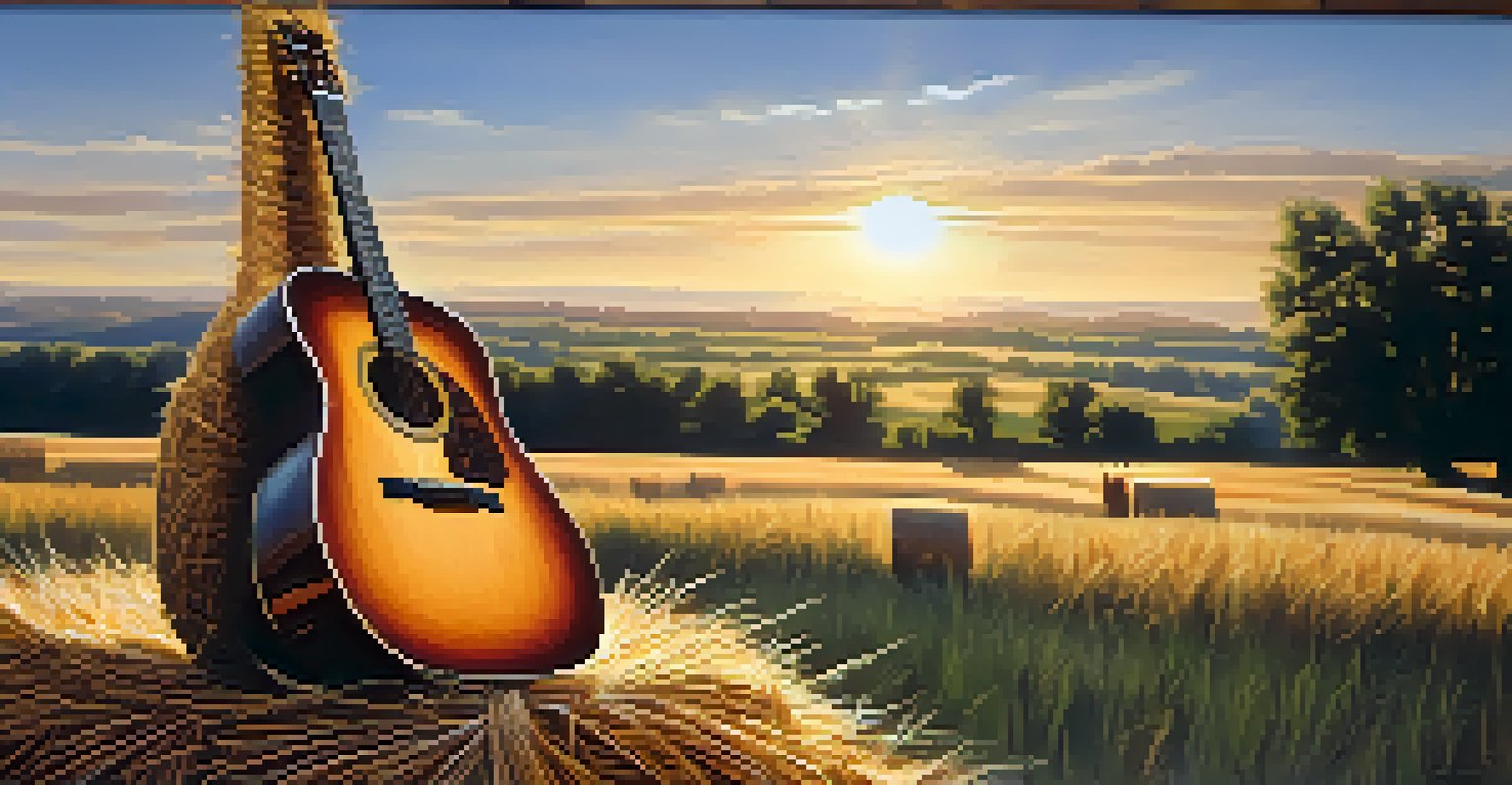 A rustic guitar on a hay bale with a small cannabis plant beside it, set against a blurred country landscape.