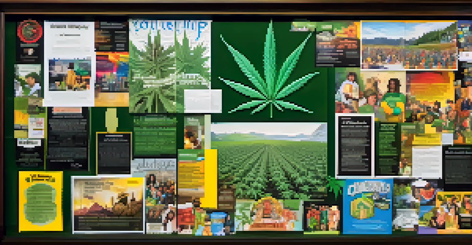 A colorful collage depicting diverse aspects of marijuana culture, including community events and medical research.