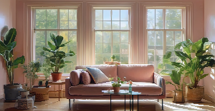 A person sitting on a couch in a softly lit room, sipping water and looking relaxed, surrounded by houseplants.