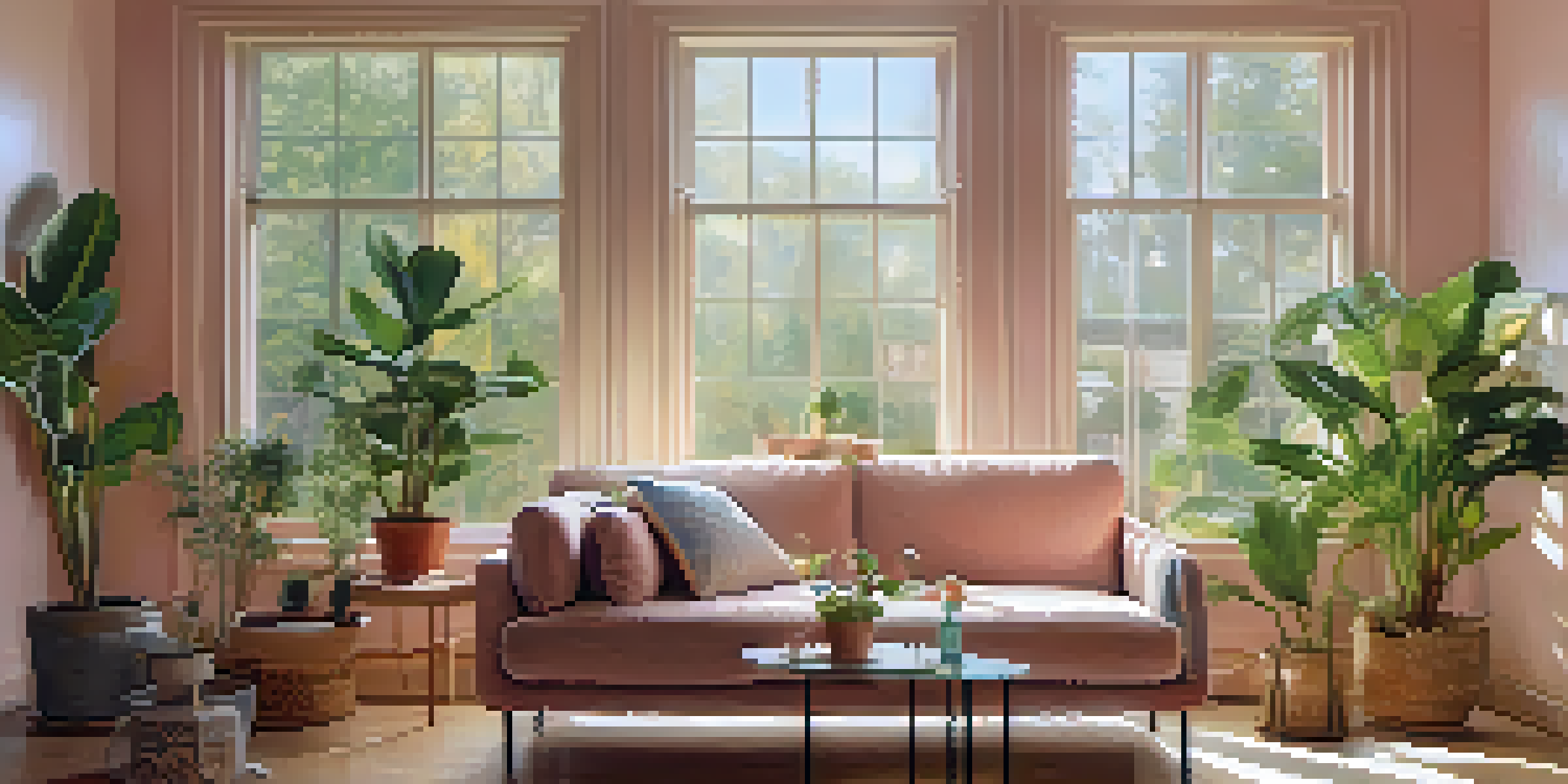 A person sitting on a couch in a softly lit room, sipping water and looking relaxed, surrounded by houseplants.