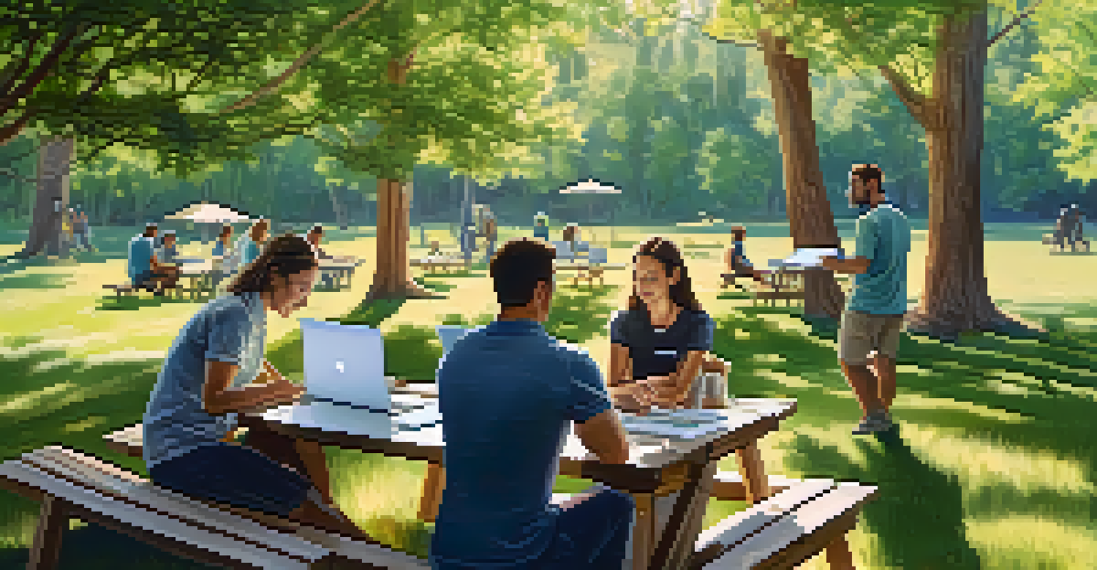 Employees working outdoors at a picnic table, discussing wellness and marijuana policies in a natural setting.
