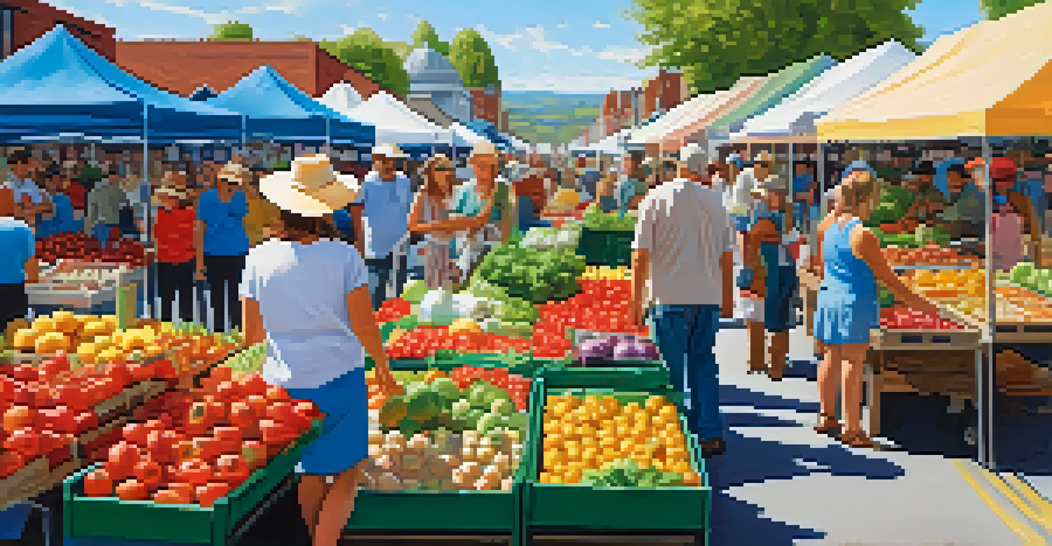A lively farmer's market scene with colorful stalls of fresh produce and flowers, shoppers interacting with vendors, and a clear blue sky overhead.