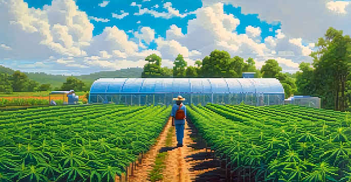 A farmer in a cannabis farm surrounded by healthy plants, showcasing sustainable practices.