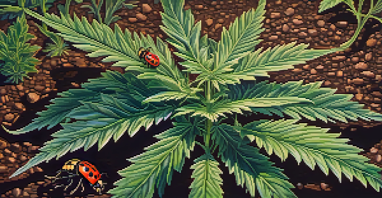 A close-up of a thriving cannabis plant in dark brown soil with beneficial insects like ladybugs and bees.
