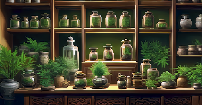 An ancient Chinese herbal medicine shop filled with jars of herbs, including cannabis, illuminated by warm lighting.