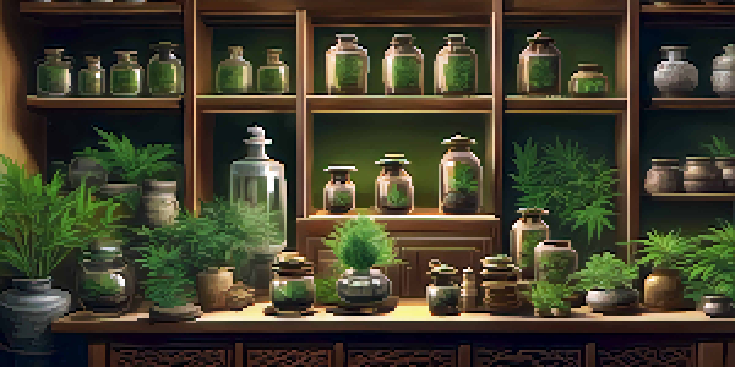 An ancient Chinese herbal medicine shop filled with jars of herbs, including cannabis, illuminated by warm lighting.
